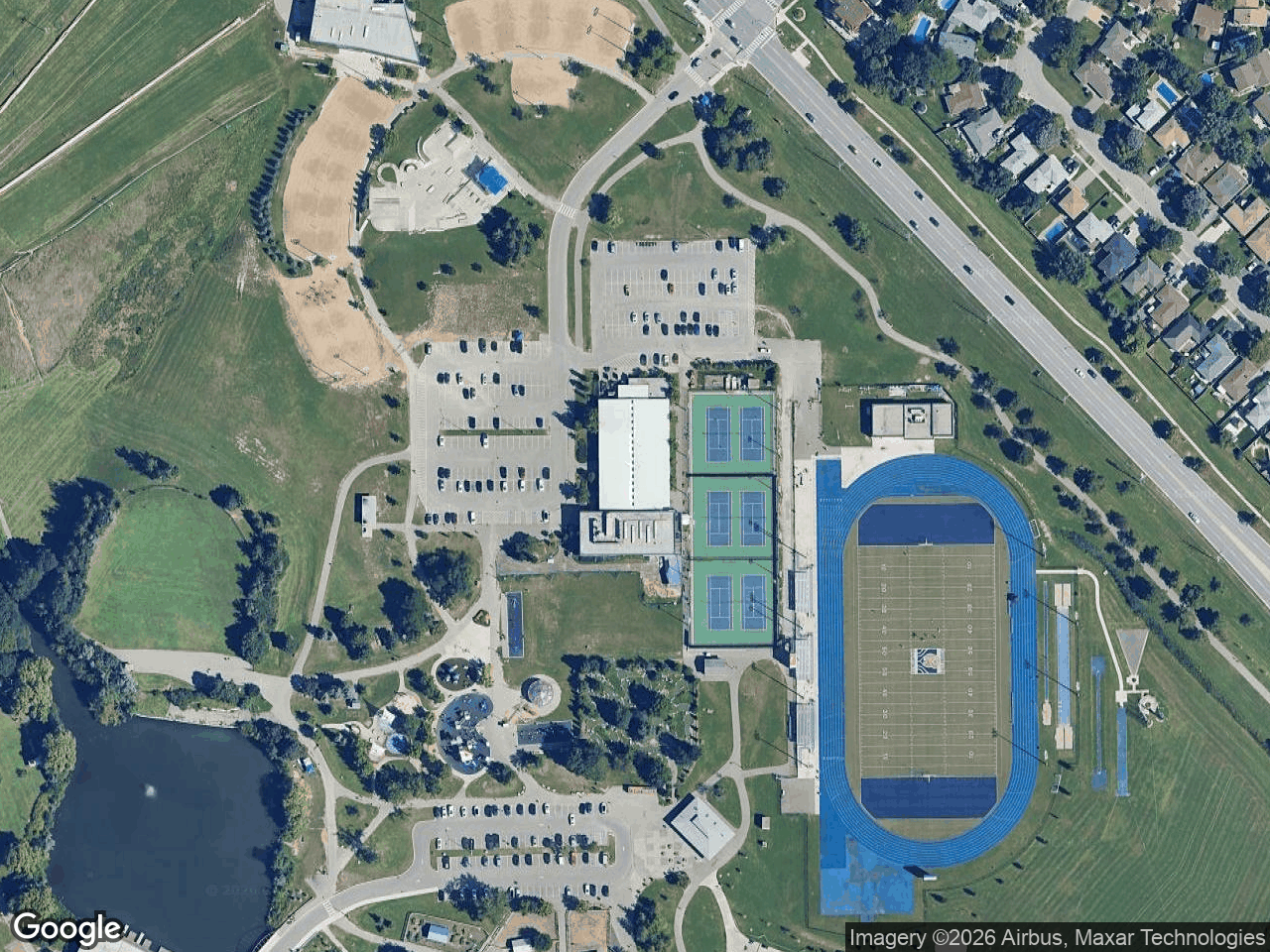 Aerial view of Chinguacousy Park Re-Development – Chalet, Tennis, Curling Club and Boat Pavilion