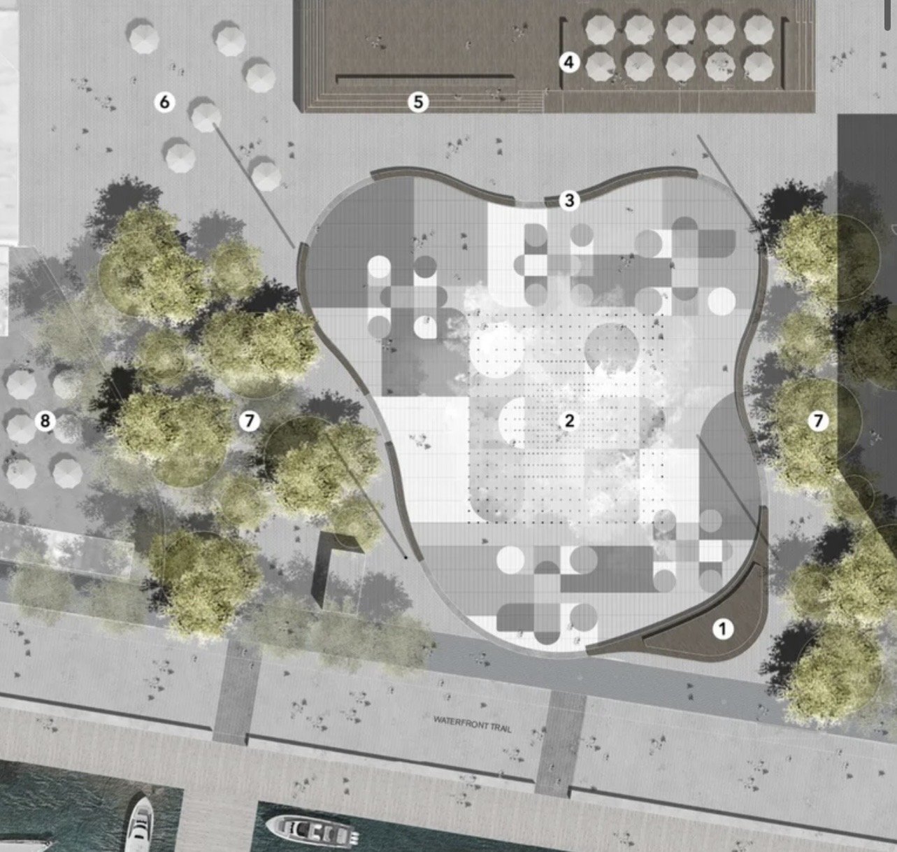 Harbourfront Centre Community Square – Site plan showing the curvilinear plaza with fog feature, stage, benches, tiered seating, umbrella seating and tree groves beside the Waterfront Trail