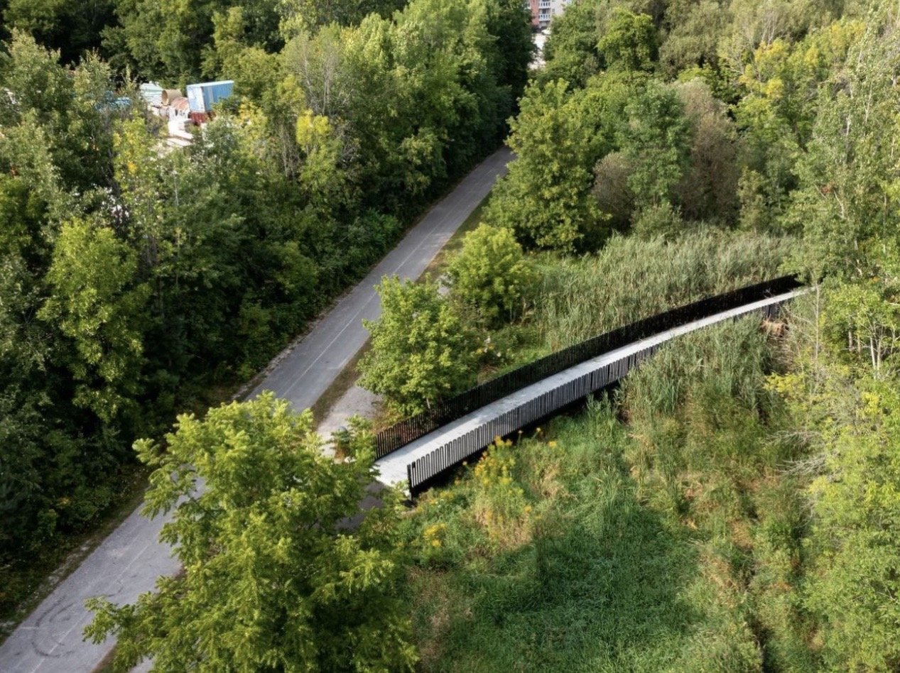 Orillia Recreation and Aquatic Centre – Aerial view of the black steel pedestrian bridge crossing a wetland beside the paved multi-use trail