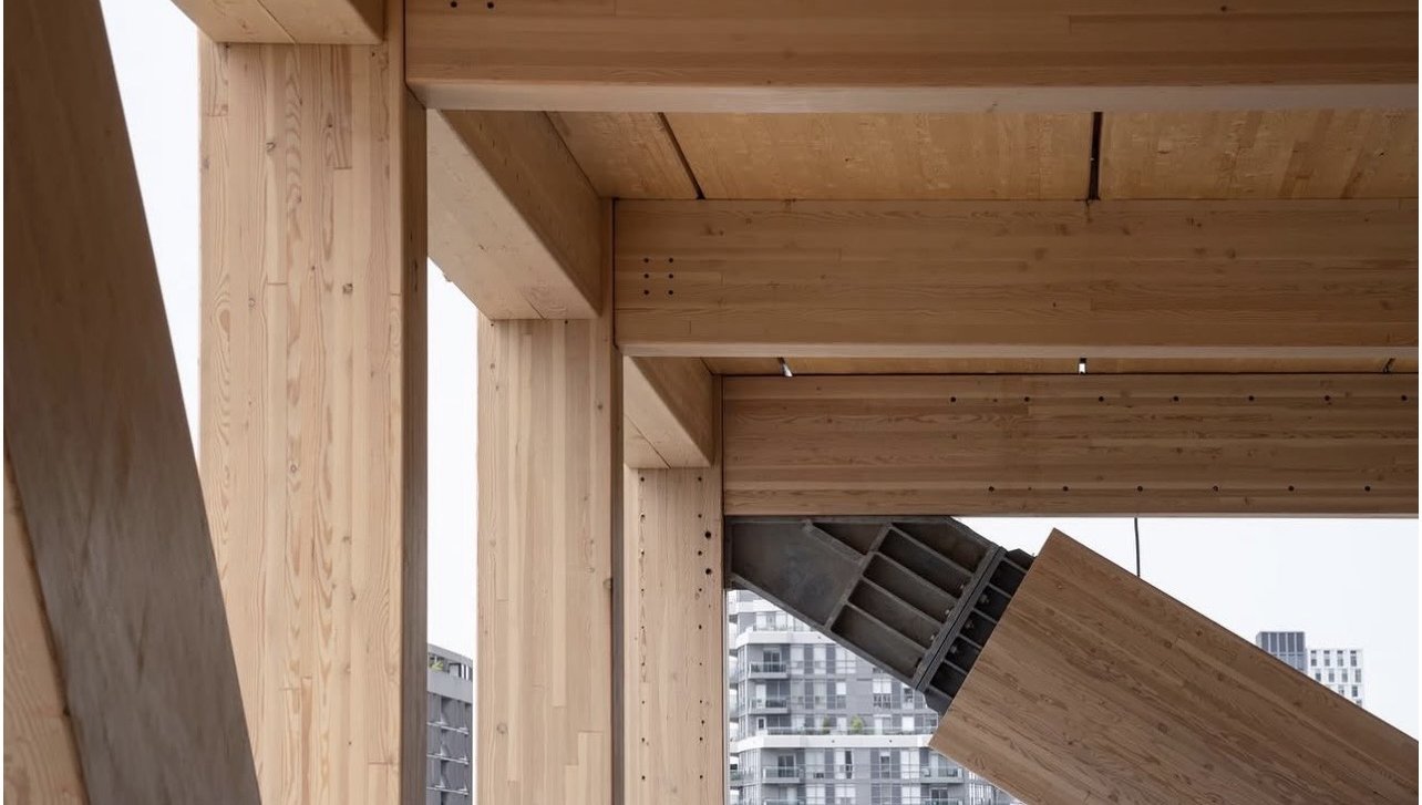 University of Toronto – Academic Tall Wood Tower – Glulam column, beam and diagonal brace connection detail on an upper floor