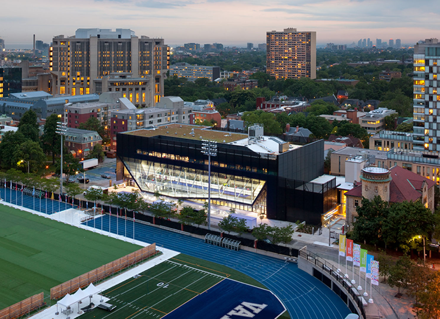 University of Toronto - Goldring Centre – Elevated dusk view with athletics field